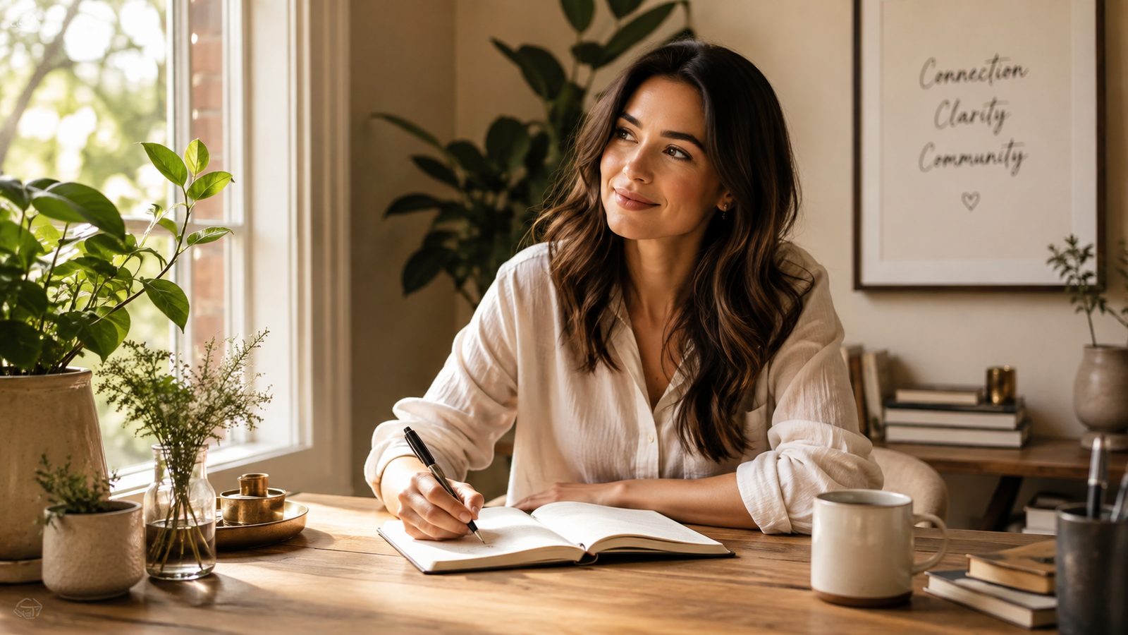 A woman writing at a sunlit desk